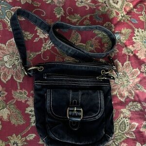 Fossil dark canvas corduroy type fabric.  Soft. Great condition